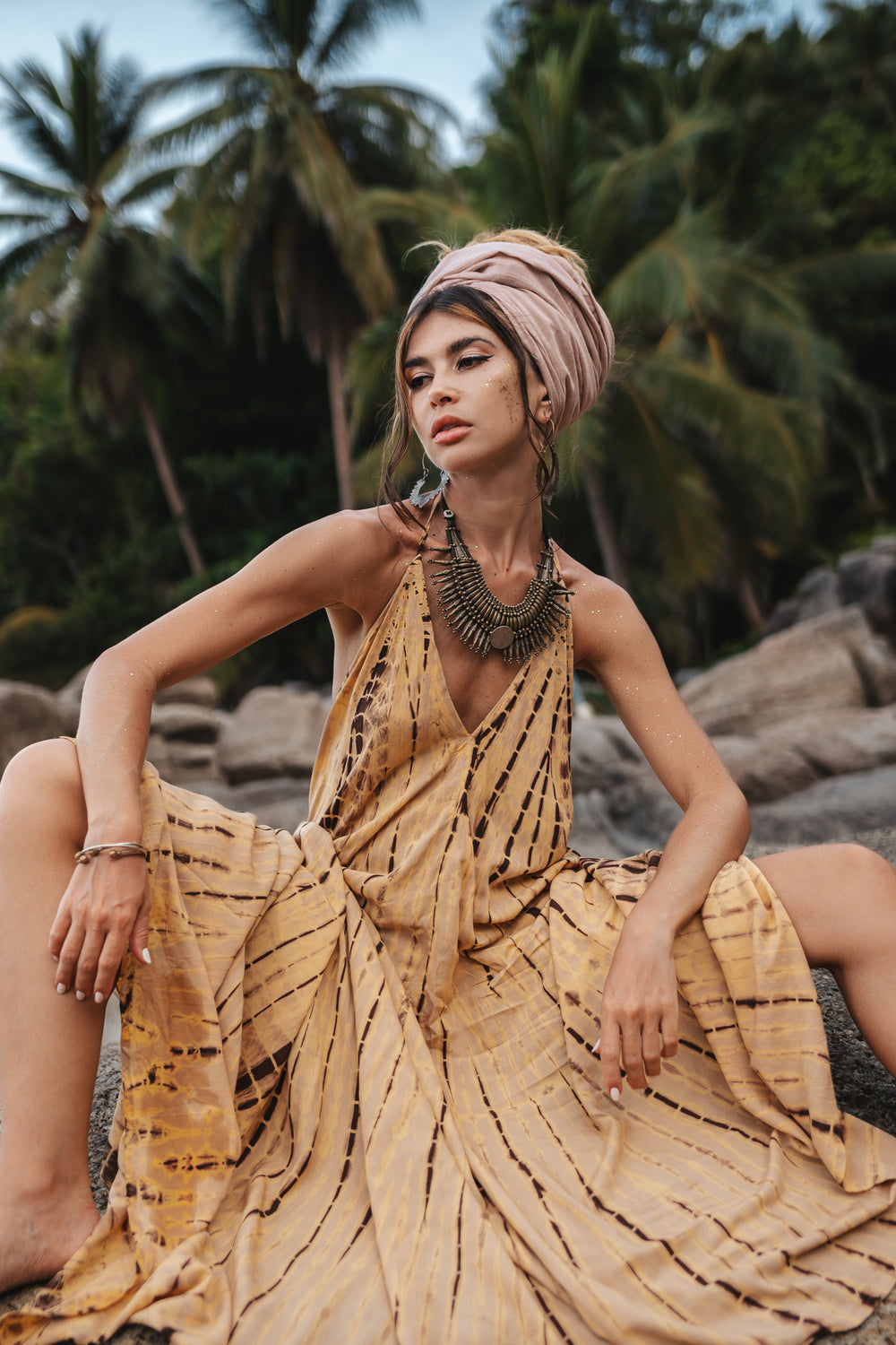 Flamingo Tie Dye Dress Beige