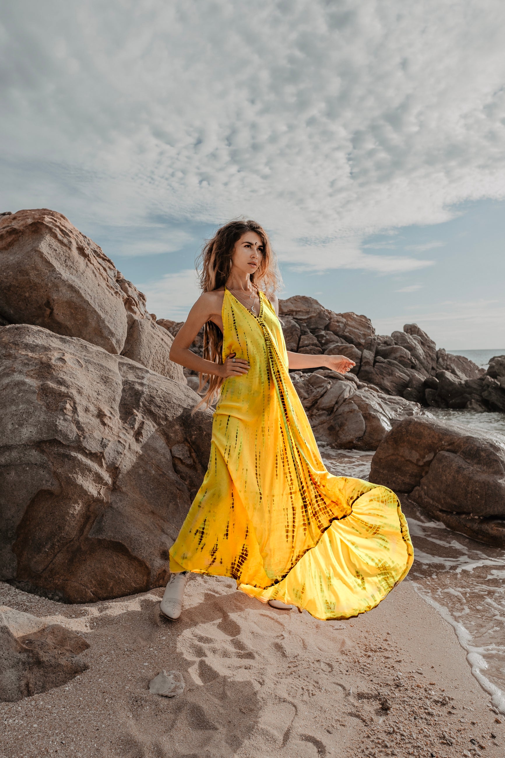 mustard co ord tie dye raffia belted mini dress