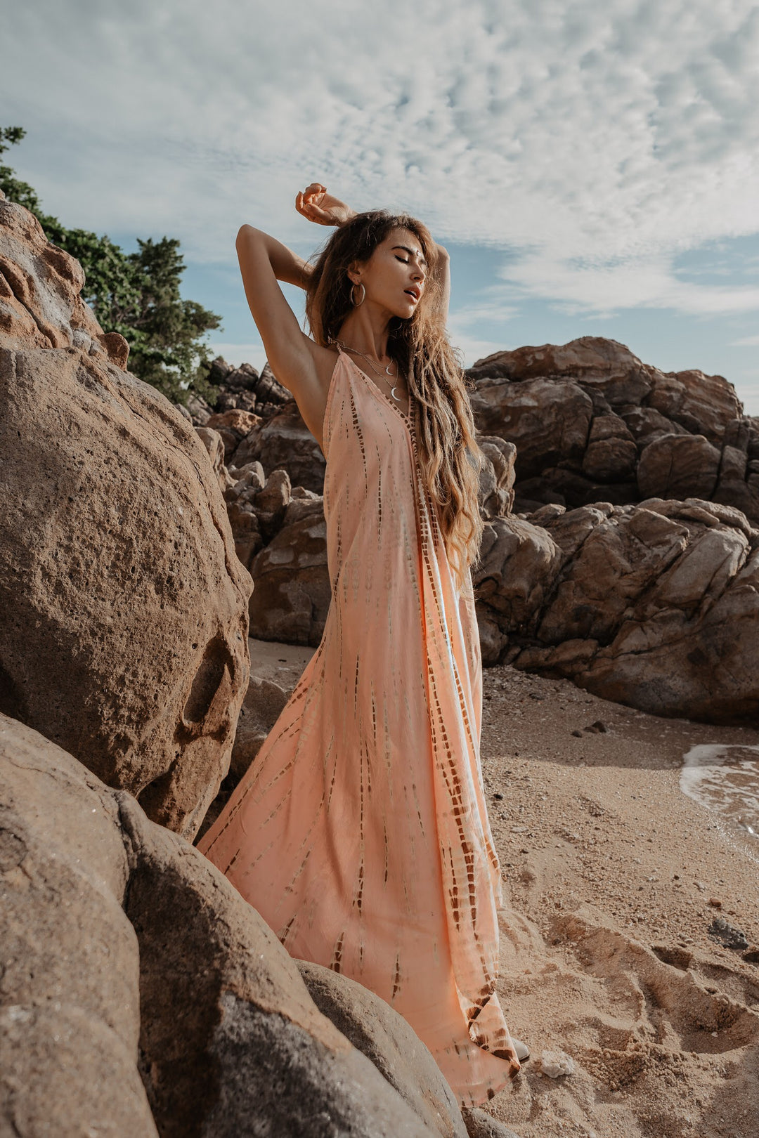 Boho Maxi Tie Dye Dress for Women / Open Back Bohemian Summer Resort Outfit in Peach